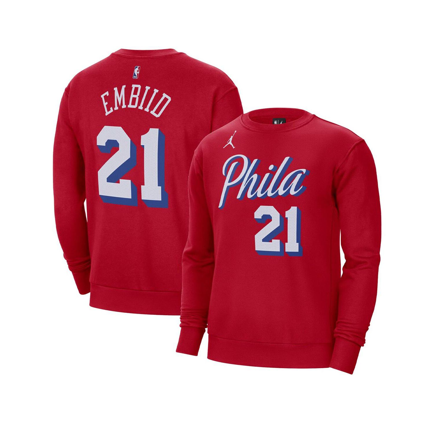 Men's Joel Embiid Red Philadelphia 76ers Statement Name and Number Pullover Sweatshirt