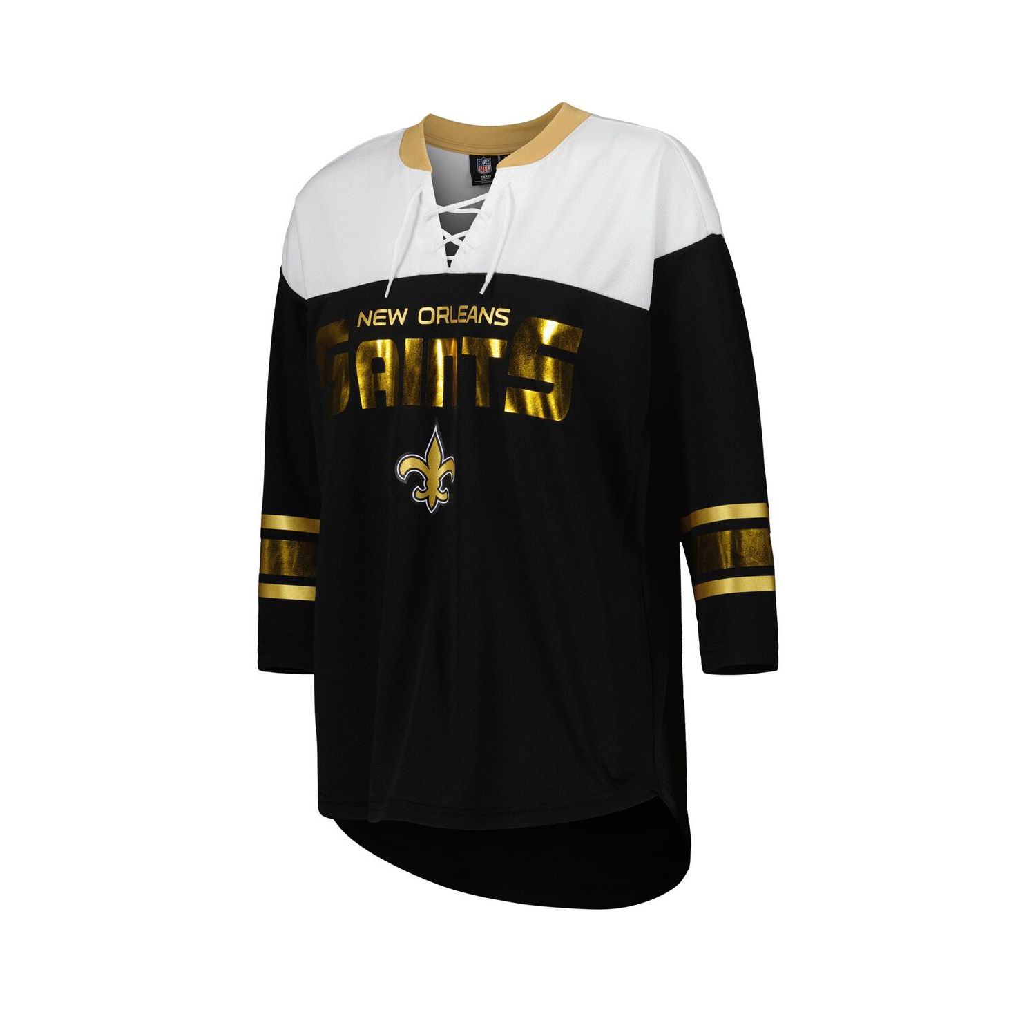 Women's Black, White New Orleans Saints Double Team 3/4-Sleeve Lace-Up T-shirt