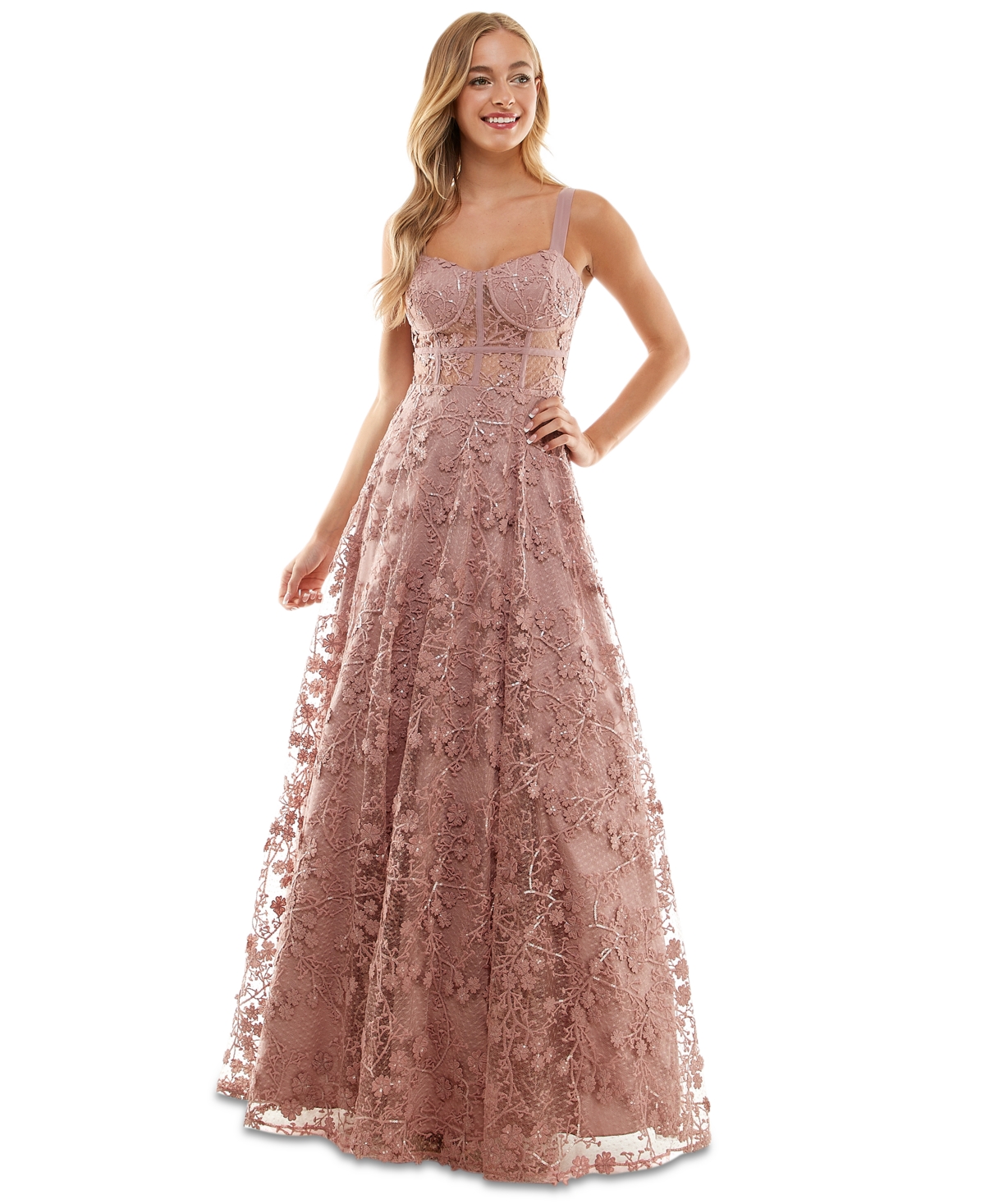 Say Yes To The Prom Juniors Floral embroidered mesh Gown Created