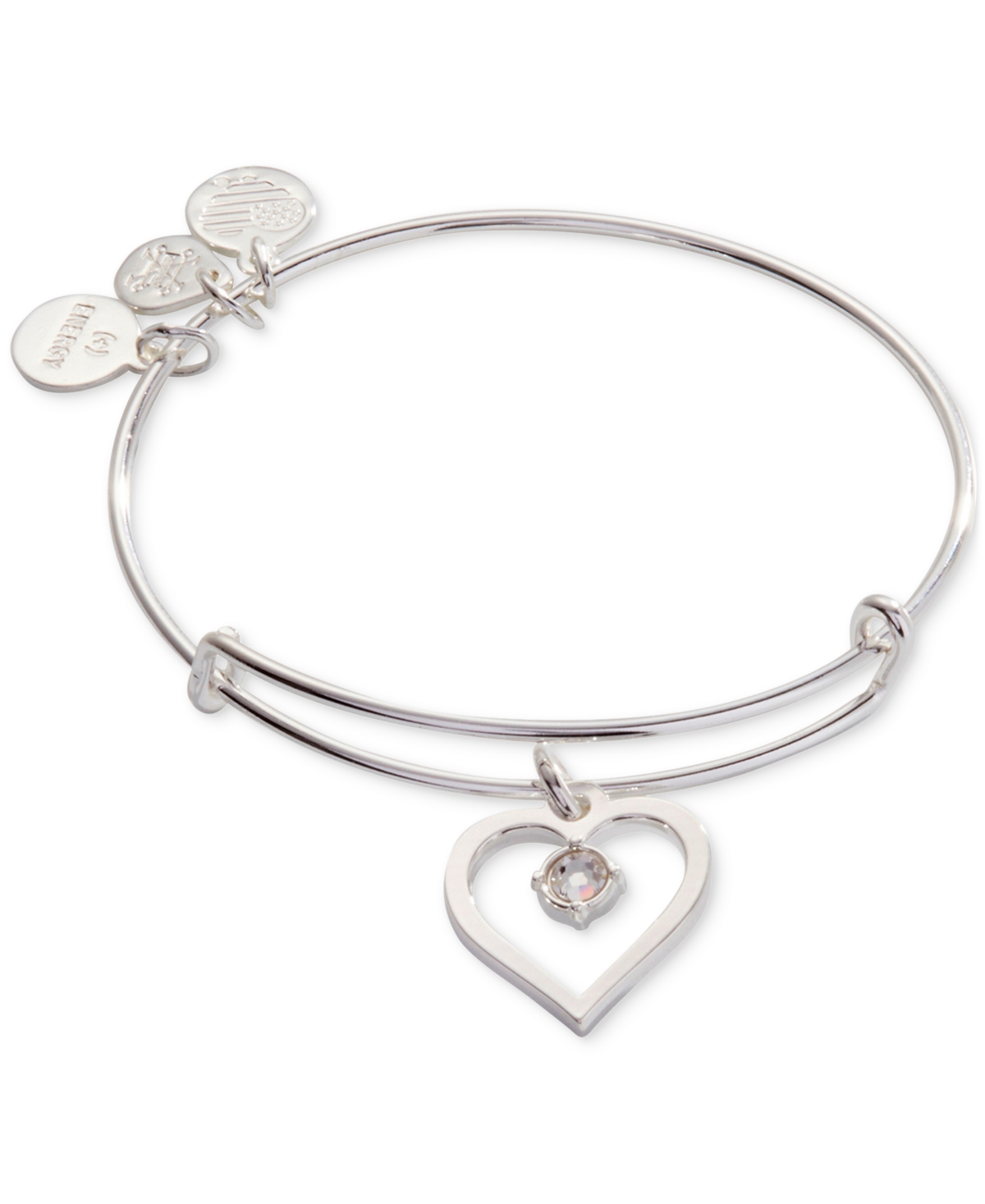 Alex And Ani Silver-tone Pave Heart Charm Bangle Bracelet In Shiny Silv