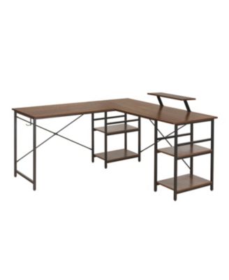 Wood L-Shape with Storage Shelves Industrial Desk