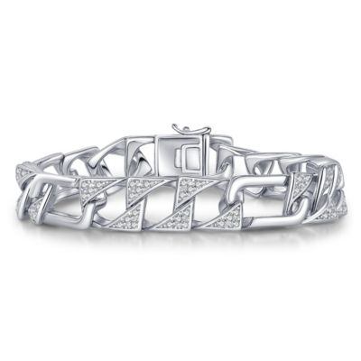 Men's Sterling Silver White Gold Plated with Iced Out Cubic Zirconia Mixed Cuban Chain Bracelet
