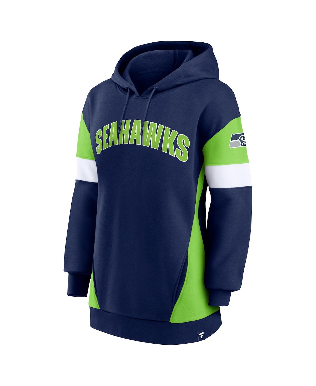 Fanatics Women's  College Navy, Neon Green Seattle Seahawks Lock It Down Pullover Hoodie In Navy,neon Green
