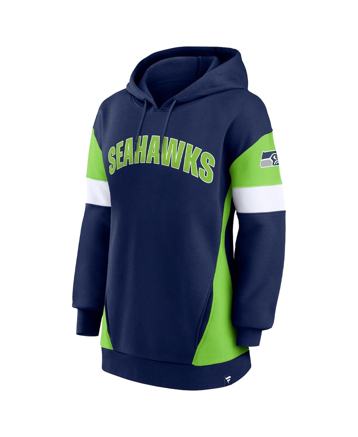 Shop Fanatics Women's  College Navy, Neon Green Seattle Seahawks Lock It Down Pullover Hoodie In Navy,neon Green