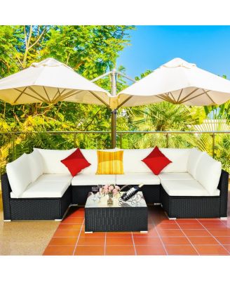 7PCS Patio Rattan Furniture Set Sectional Sofa Cushioned Glass Table