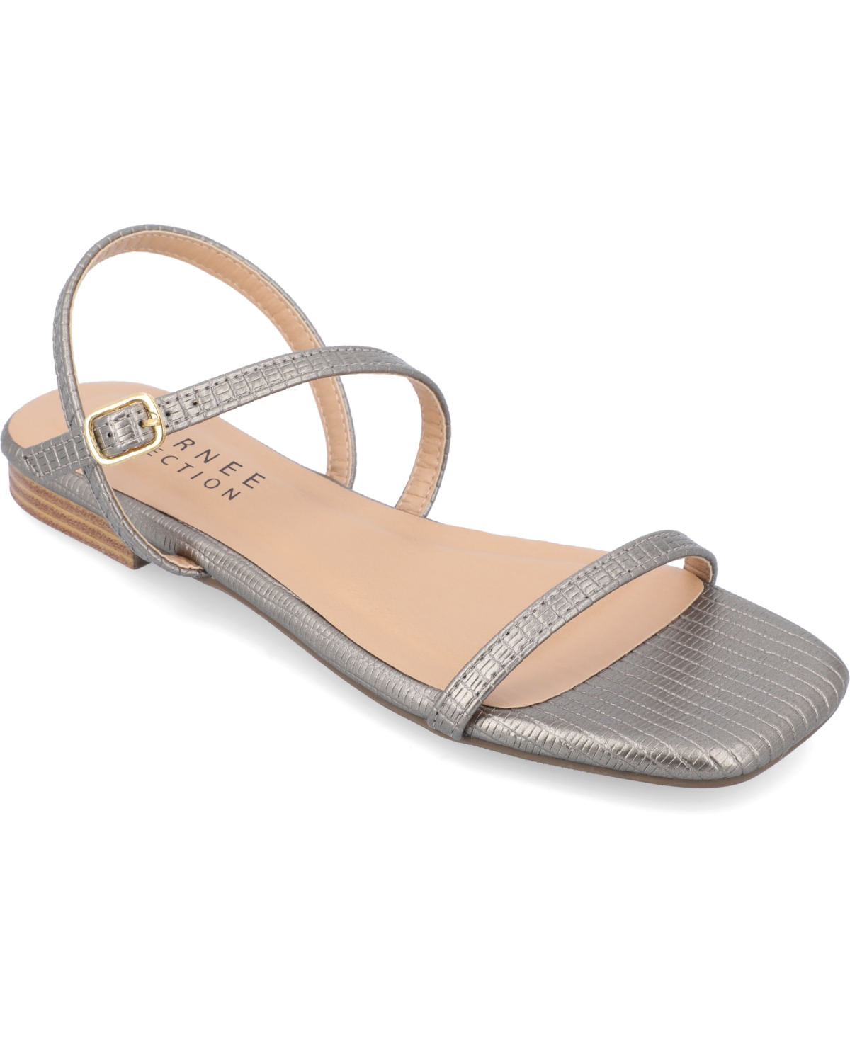 Journee Collection Crishell Snake-embossed Flat Sandal In Pewter