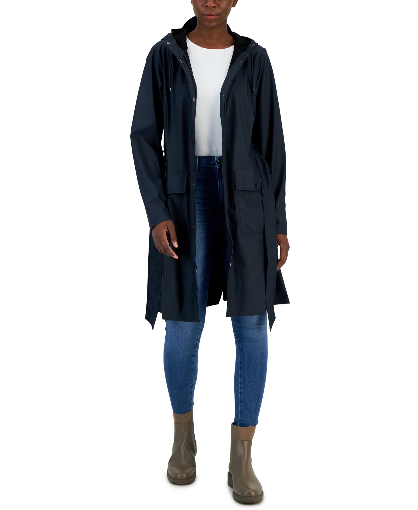 Женские куртки Rains Curve Hooded Belted Waterproof Raincoat, цвет: Тёмно-синий — фото 2