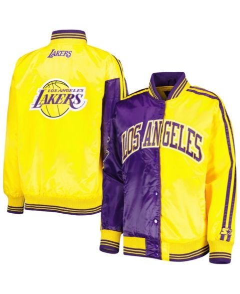 Женские куртки Starter Women's Purple, Gold Los Angeles Lakers Split Colorblock Satin Full-Snap Varsity Jacket