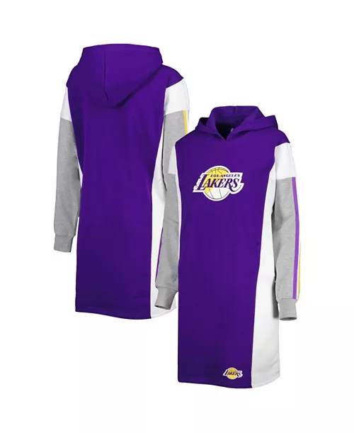 women's purple, white los angeles lakers bootleg long sleeve hoodie t-shirt dress