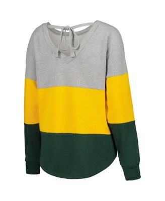 Women's Heathered Gray, Green Green Bay Packers Outfield Deep V-Back Pullover Sweatshirt