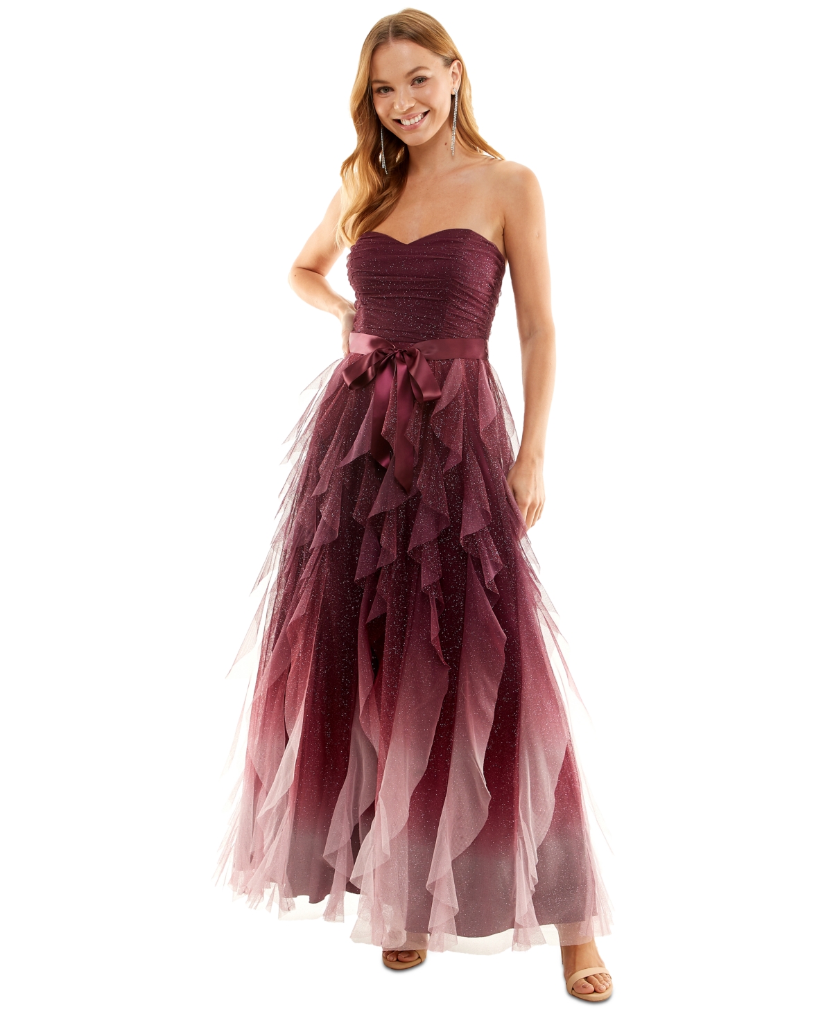 Pear Culture Juniors' Corkscrew-ruffled Strapless Gown In Burgundy/pink