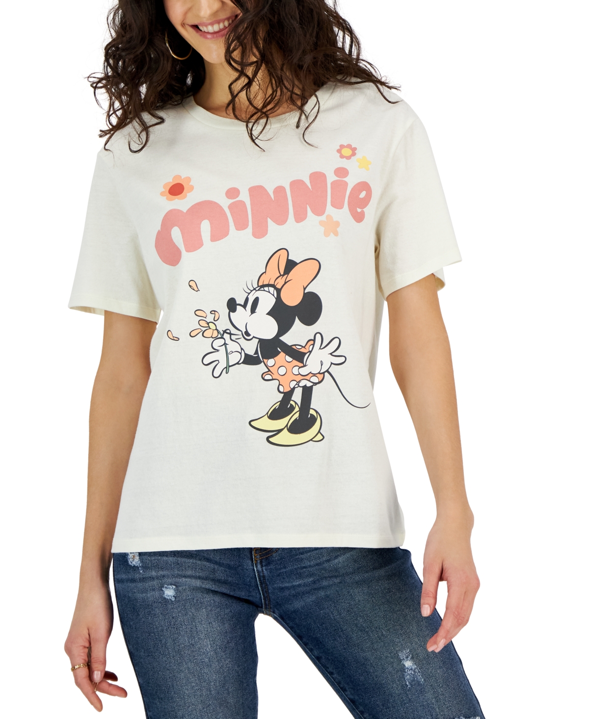 Disney Juniors' Crewneck Graphic Minnie Mouse Wish Short-sleeve T-shirt In White