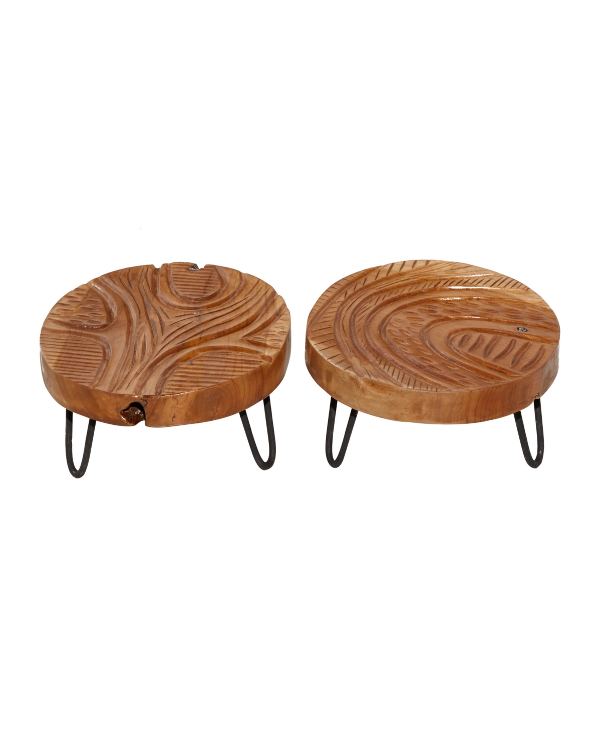 Rosemary Lane Teak Wood Intricate Carved Floral Tray, Set Of 2, 11", 11" W In Brown