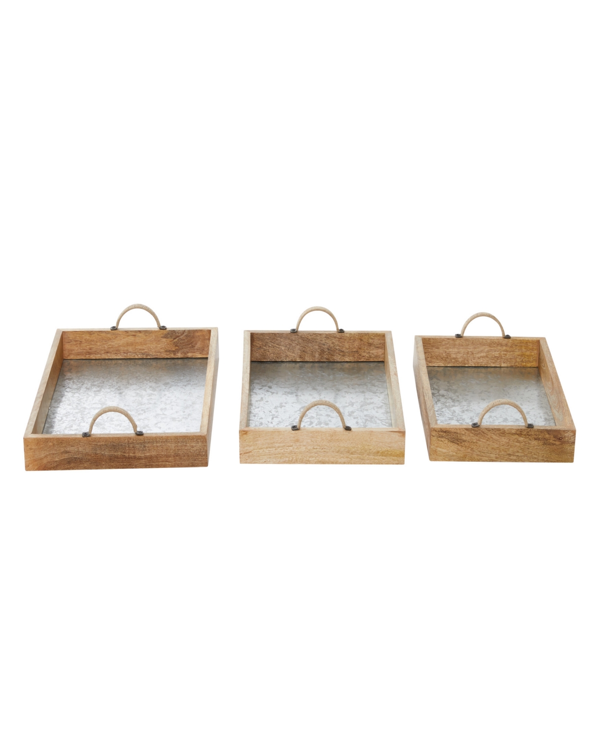 Rosemary Lane Wood Tray With Galvanized Interior, Set Of 3, 15", 16", 17" W In Brown