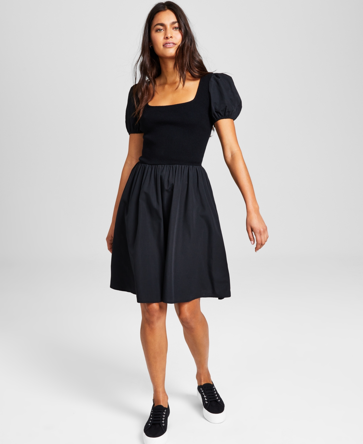 And Now This Women's Puff-sleeve Mixed Media Dress In Black