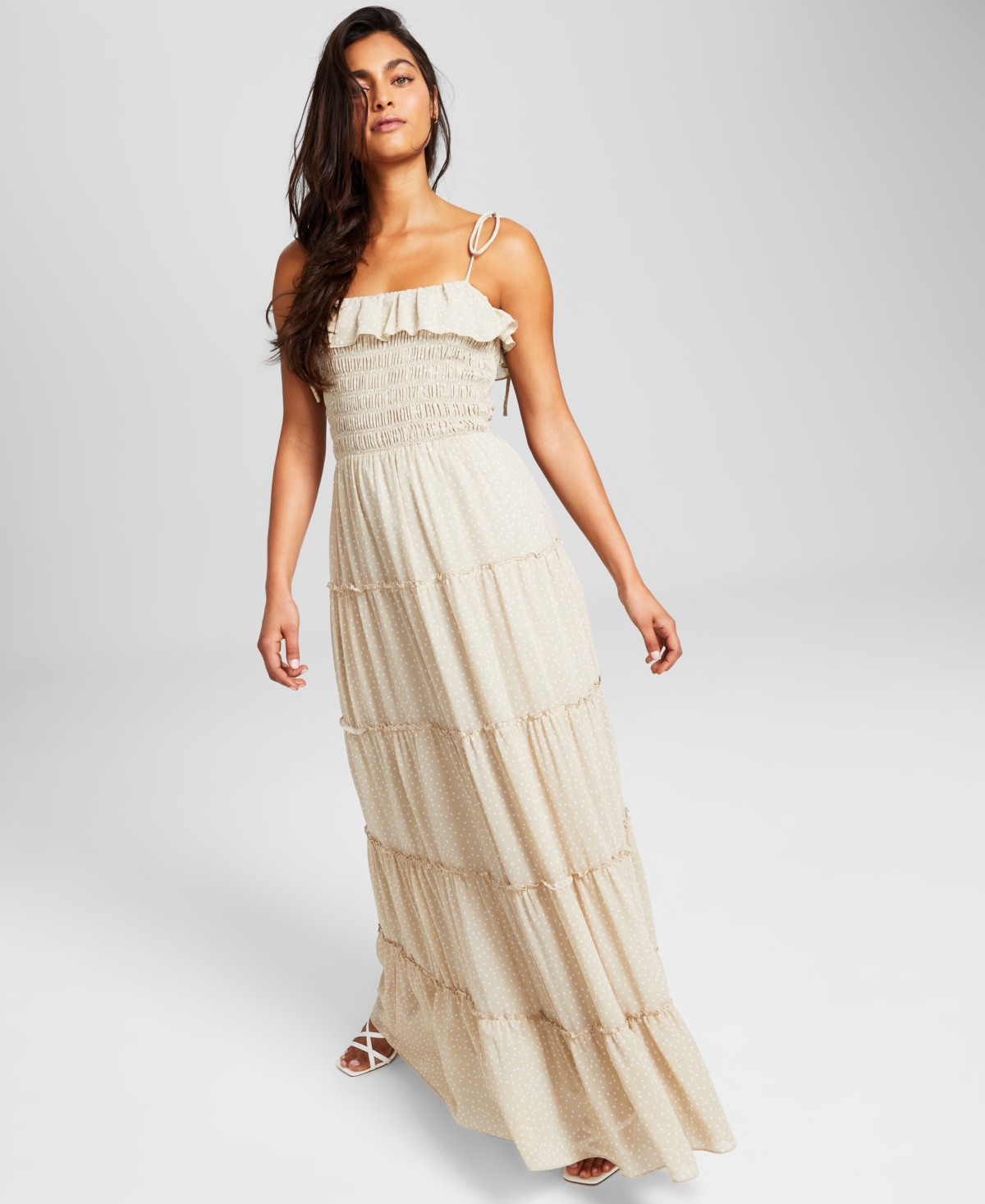 And Now This Women's Printed Tiered Chiffon Maxi Dress In Tan/beige