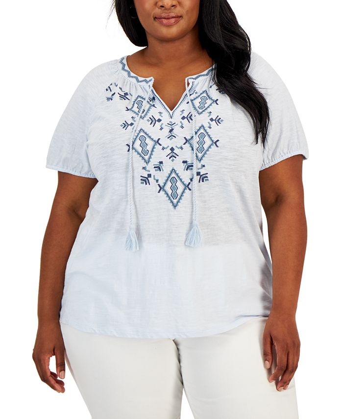 Style & Co Plus Size Embroidered Split Neck Top Created for Macy's