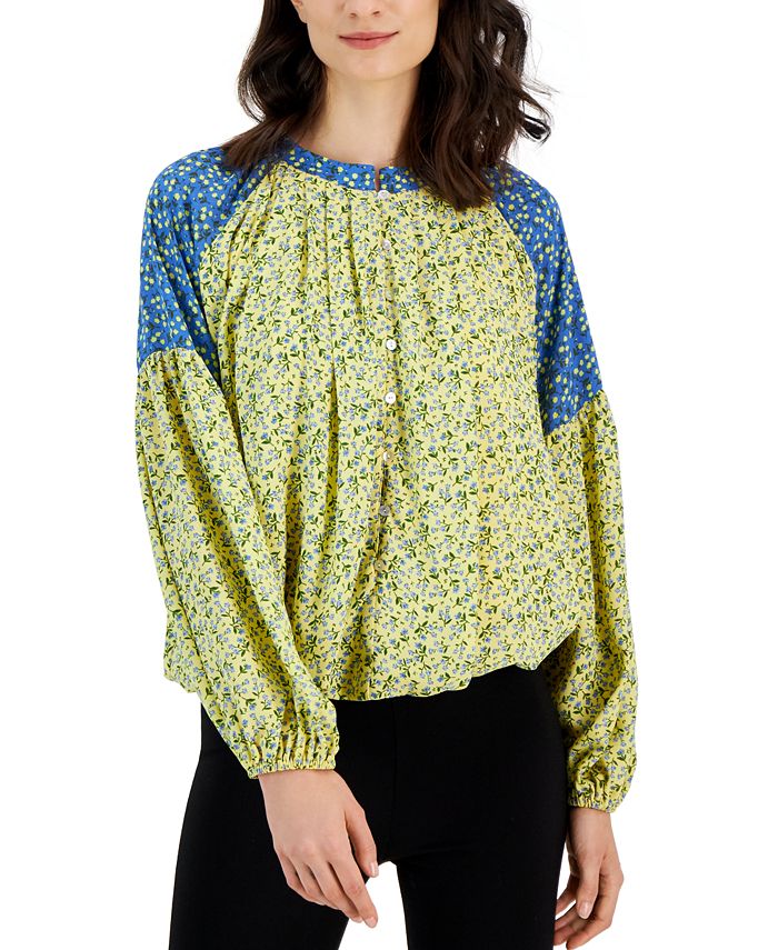 T Tahari Women's FloralPrinted Colorblocked Pleated Top Macy's