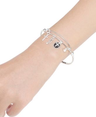 Silver-Plated Cross "Faith" Multi Charm Twist Design Bangle Bracelet