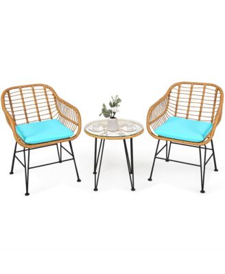 3PCS Patio Rattan Bistro Furniture Set Cushioned Chair Table