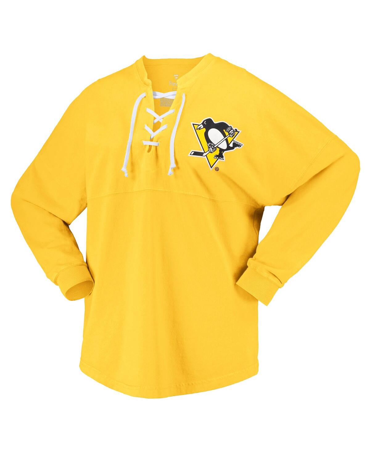 Shop Fanatics Women's  Gold Pittsburgh Penguins Spirit Lace-up V-neck Long Sleeve Jersey T-shirt