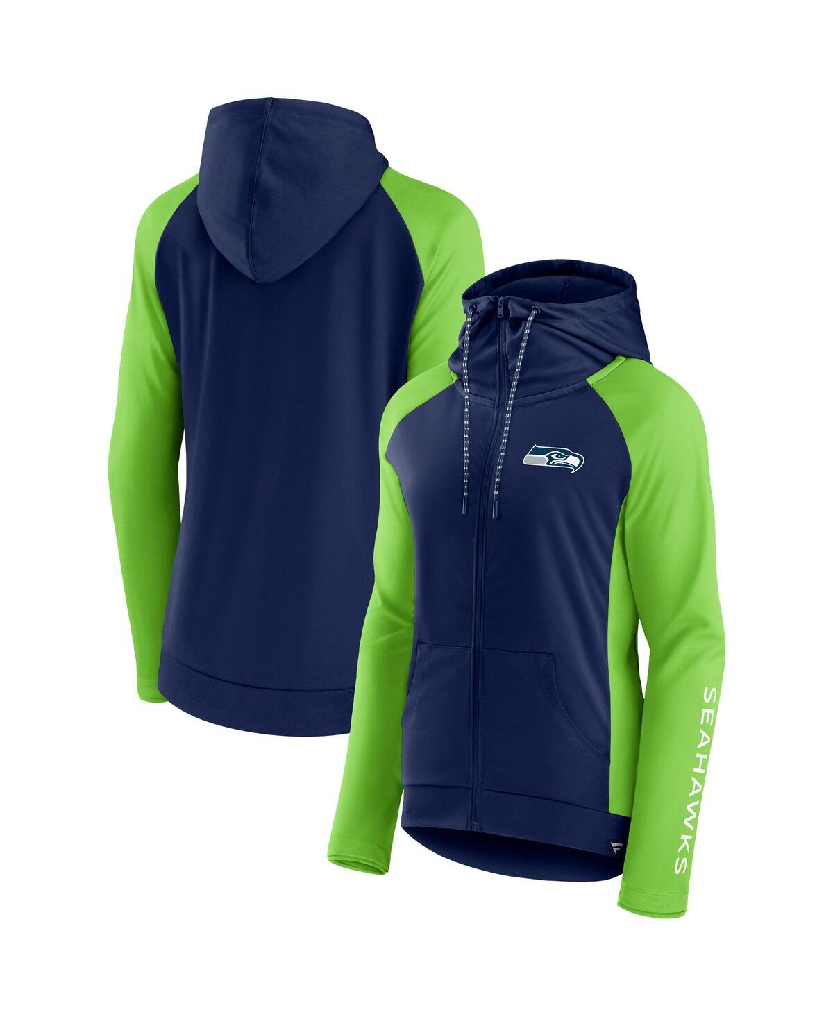 Fanatics Branded College Navy/neon Green Seattle Seahawks End Around Lightweight Raglan Full-zip Hoo In College Navy,neon Green