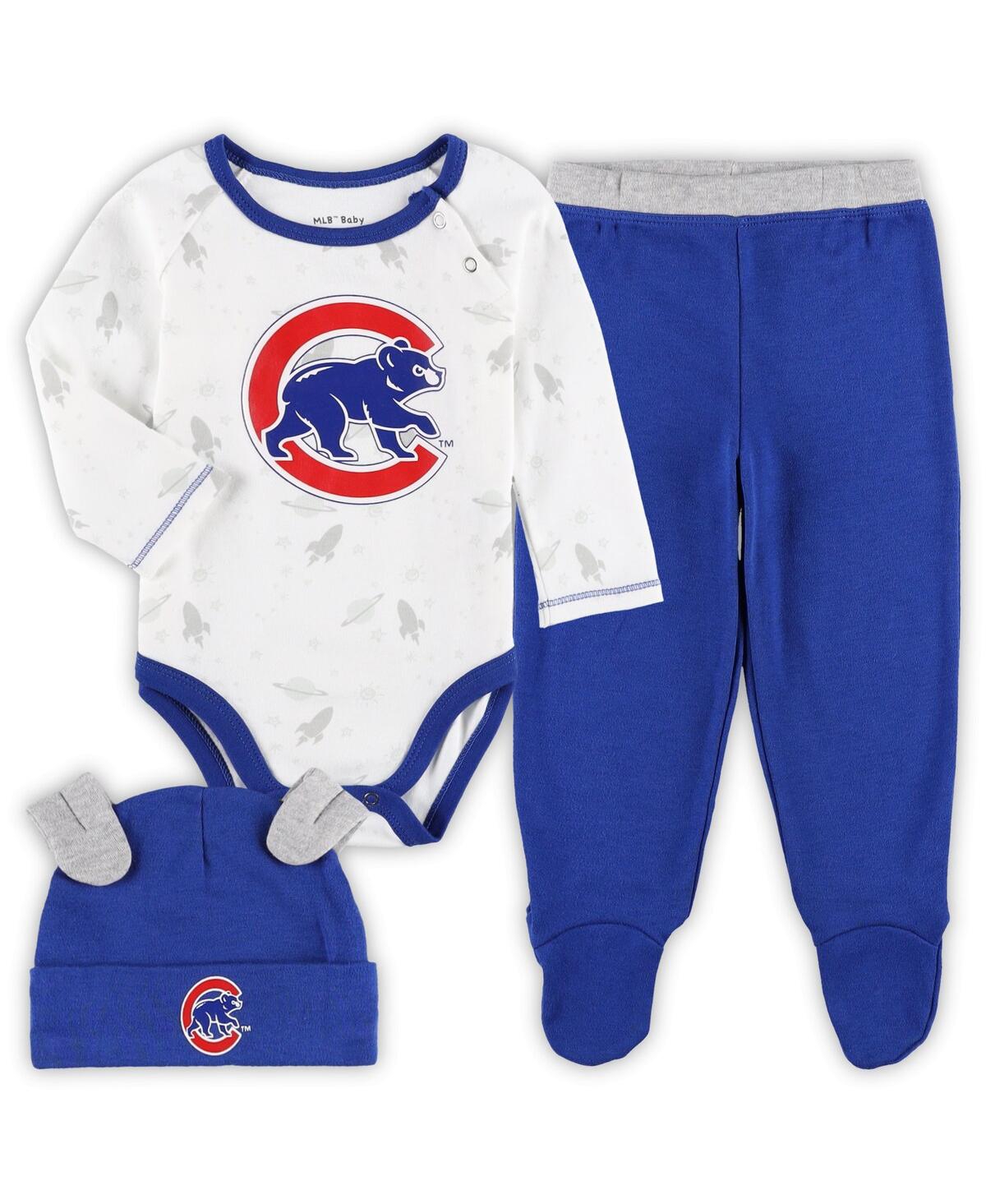 Outerstuff Newborn And Infant Boys And Girls Royal, White Chicago Cubs Dream Team Bodysuit Hat And Footed Pants In Royal,white