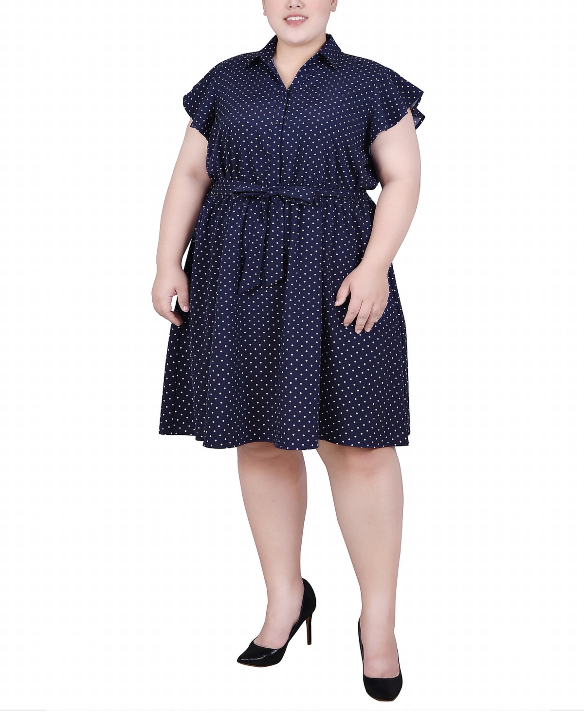 Ny Collection Plus Size Flutter Sleeve Belted Dress In Navy White Dot