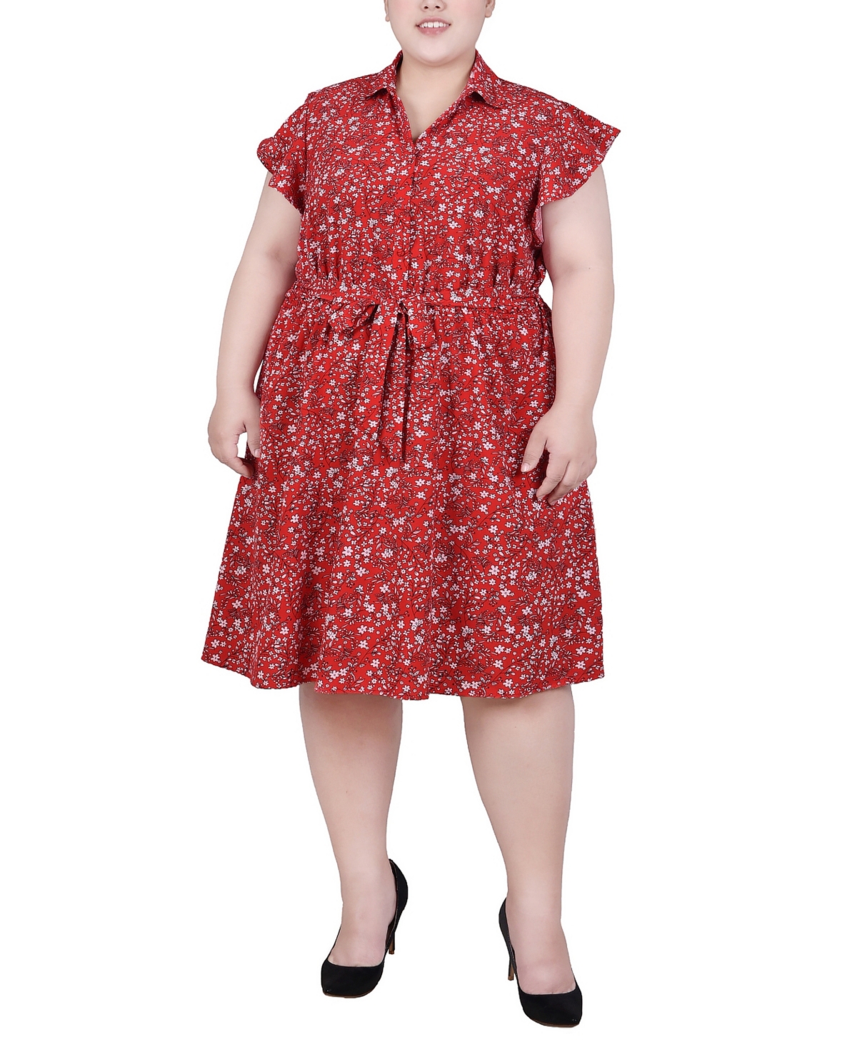 Ny Collection Plus Size Flutter Sleeve Belted Dress In Red Ditsy Floral ...