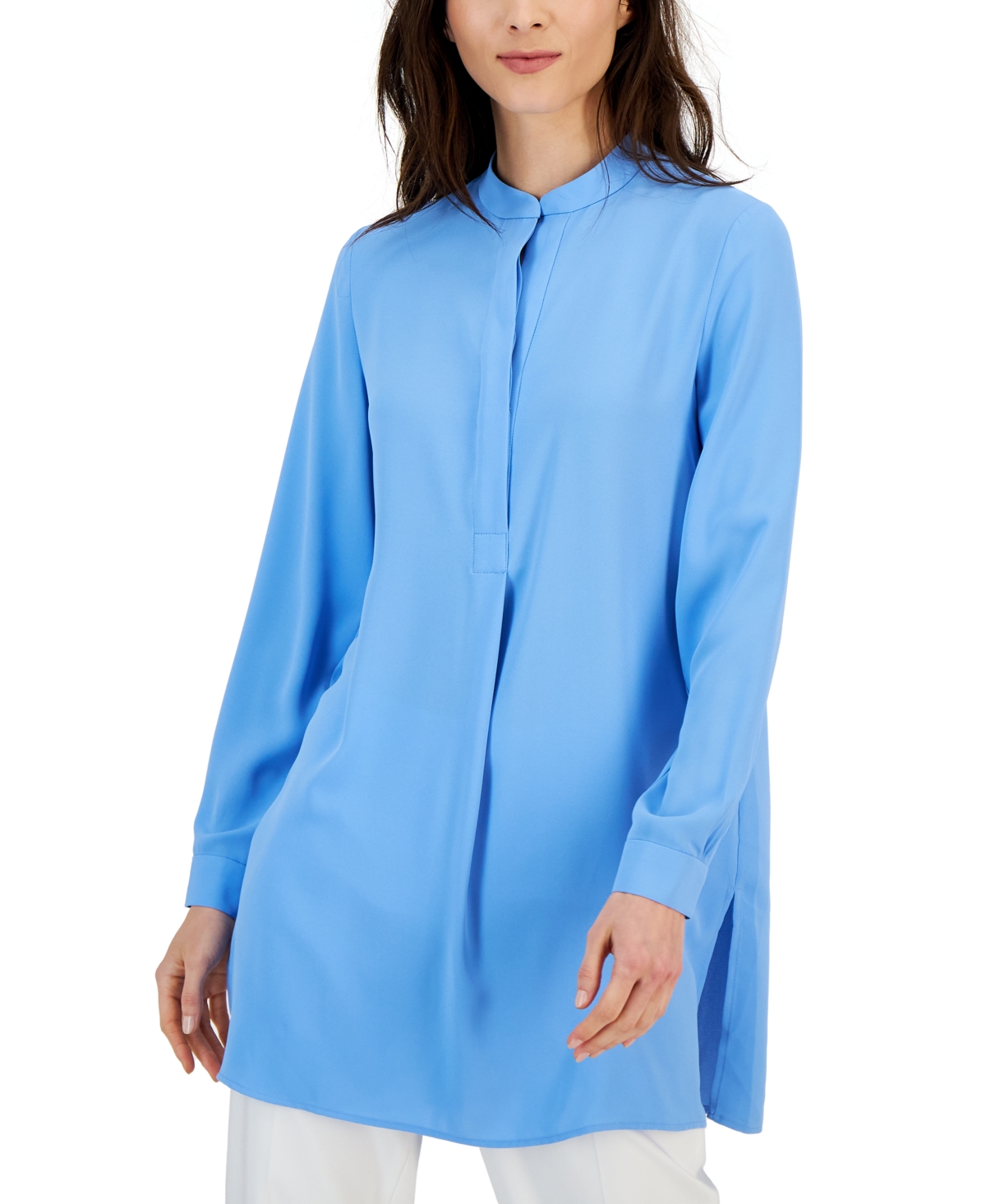 Shop Anne Klein Women's Split-neck Long-sleeve Nehru Tunic In Shore Blue