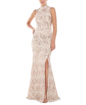JS Collections - Women's Embroidered Mock-Neck Sequined Gown