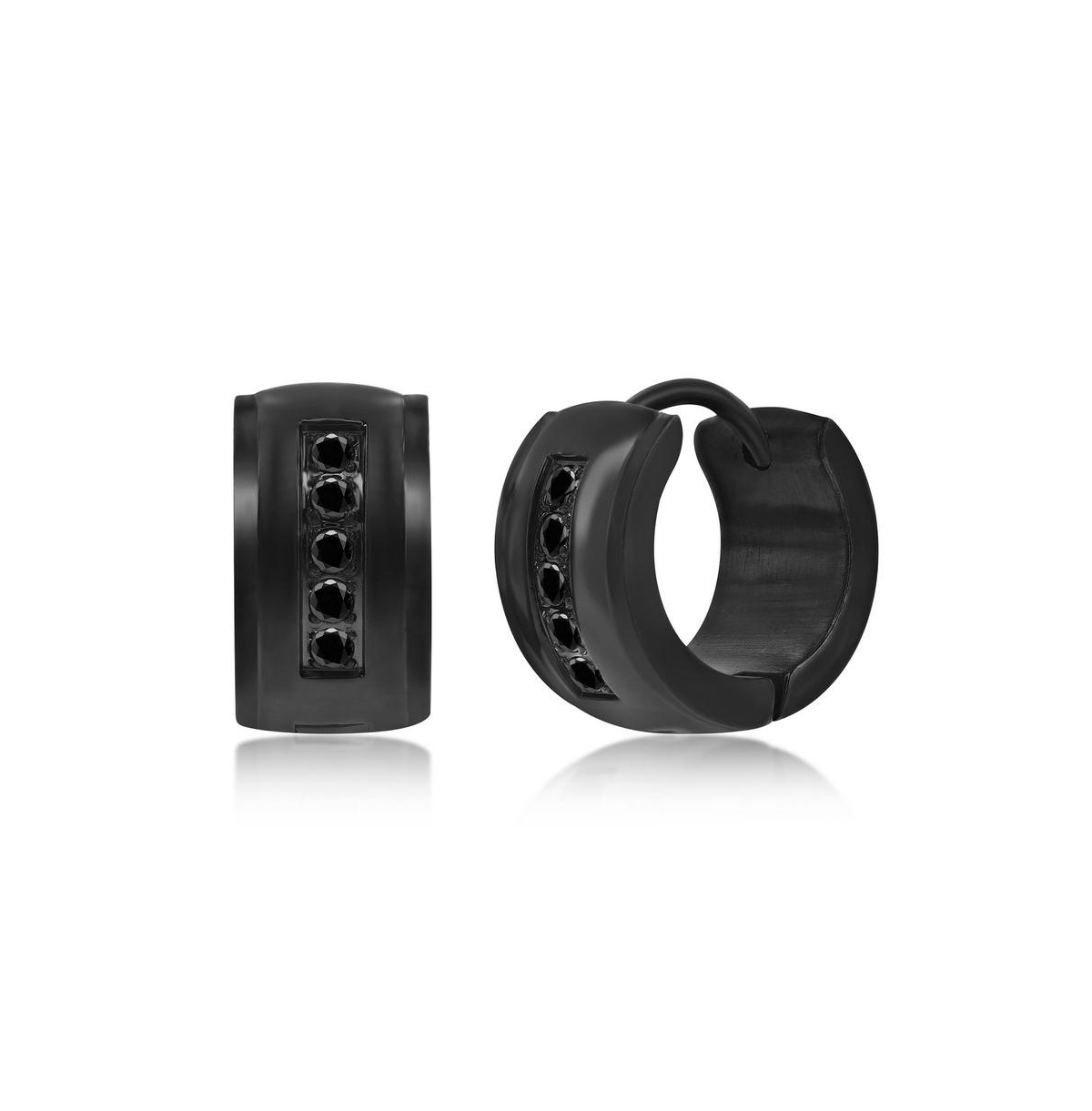 Blackjack Mens Stainless Steel 7x13mm Cz Huggie Hoop Earrings - Black Plated In Black