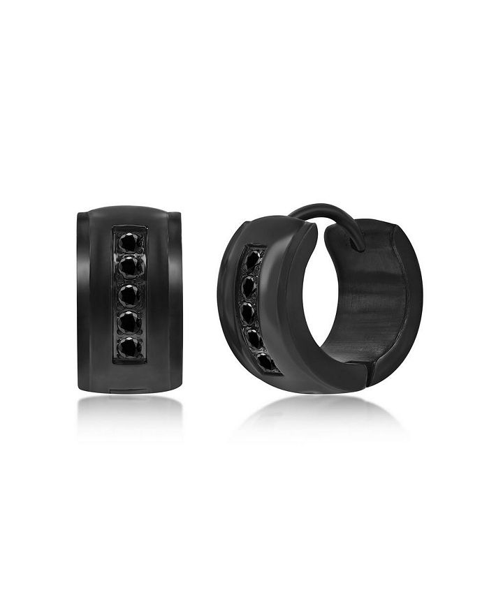 Blackjack Mens Stainless Steel 7x13mm CZ Huggie Hoop Earrings Black