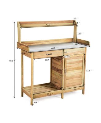 Outdoor Potting Bench Garden Wooden Work Station Metal Tabletop Cabinet Drawer
