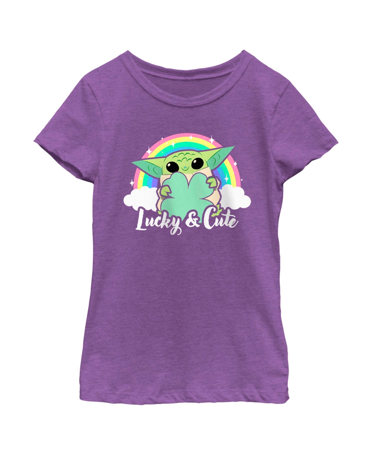 Disney Lucasfilm Kids' Girl's Star Wars: The Mandalorian Grogu St. Patrick's Day Rainbow Lucky And Cute Child T-shirt In Purple Berry
