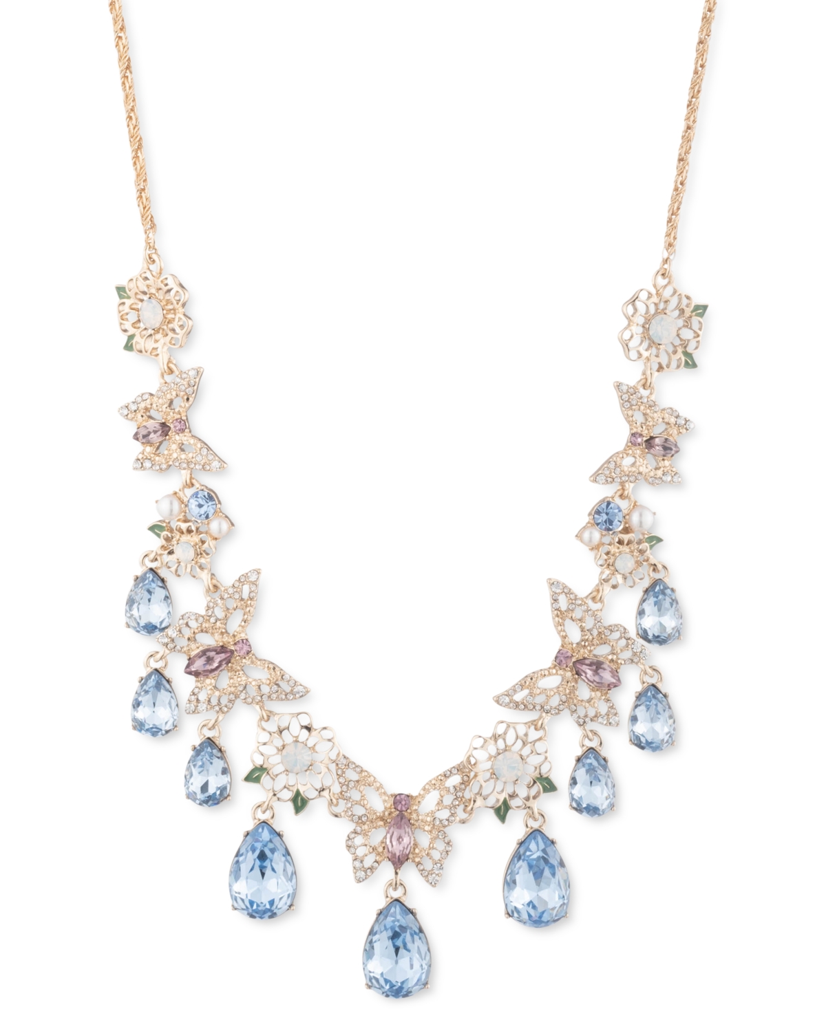 MARCHESA GOLD-TONE COLOR CRYSTAL & IMITATION PEARL FILIGREE BUTTERFLY STATEMENT NECKLACE, 16" + 3" EXTENDER