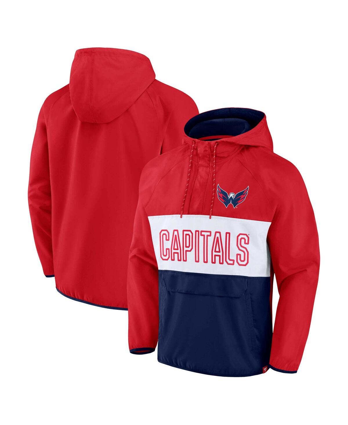 Shop Fanatics Men's  Red, Navy Washington Capitals Backhand Shooter Defender Anorak Raglan Hoodie Quarter- In Red,navy