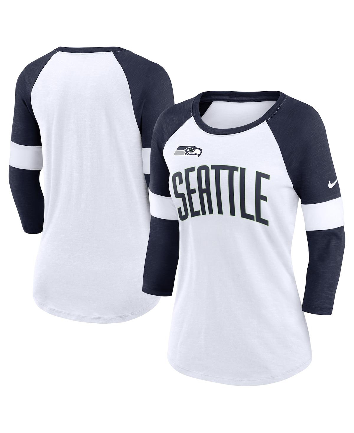 Nike Women's  Seattle Seahawks White, Heather College Navy Football Pride Raglan 3/4-sleeve T-shirt In White,heather College Navy