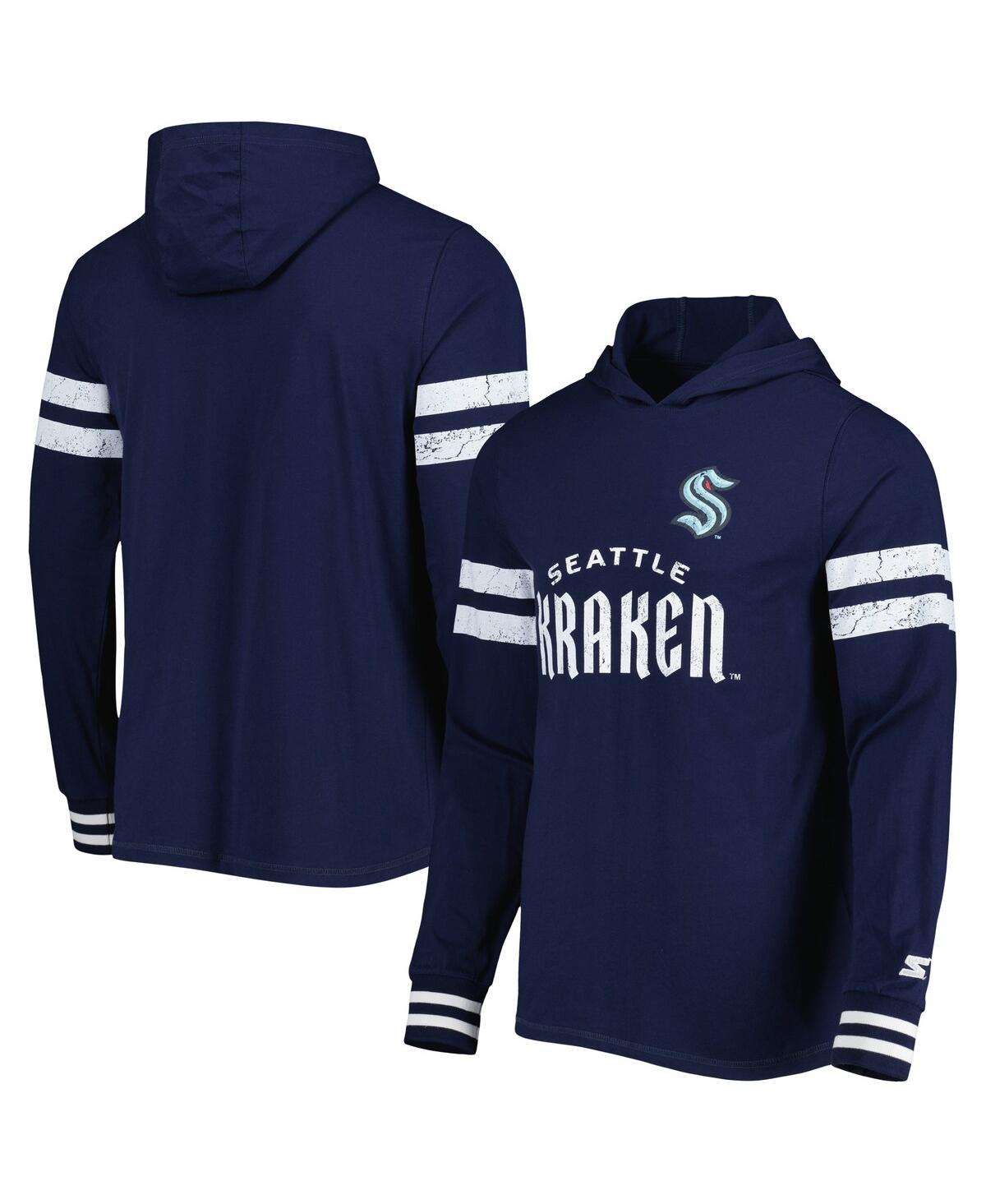 Shop Starter Men's  Navy Seattle Kraken Offense Long Sleeve Hoodie T-shirt