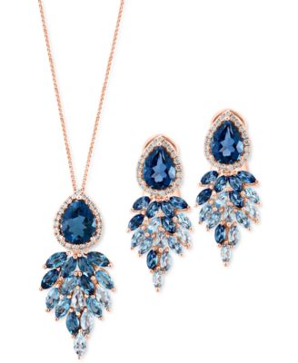 Lali Jewels London Blue Topaz Sky Blue Topaz Diamond Statement Earrings Pendant Necklace Collection In 14k Rose Gold