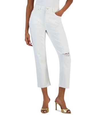 I.N.C. International Concepts - Women's High-Rise Relaxed-Fit White Distressed Cropped Jeans
