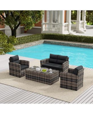4-Piece PE Rattan Wicker Conversation Sofa Set with Cushions