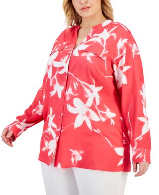 Calvin Klein - Plus Size Printed Split-Neck Button-Front Blouse