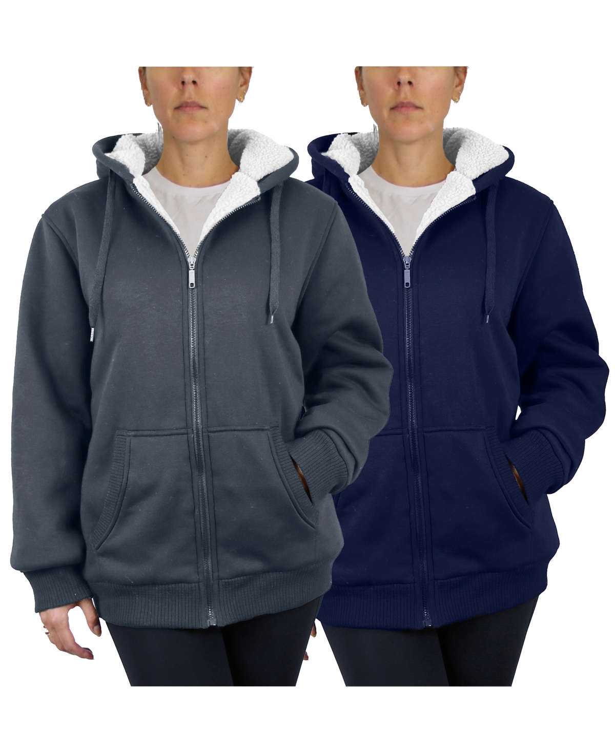 Galaxy By Harvic Women's Loose Fit Sherpa Lined Fleece Zip-Up Hoodie Sweatshirt, Pack of 2