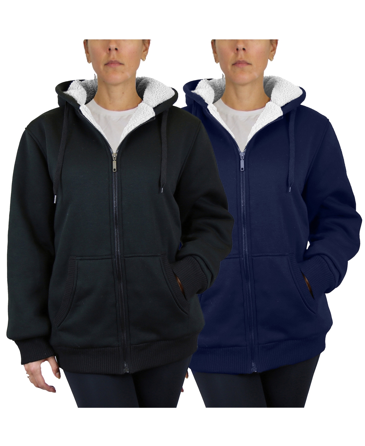 Women's Loose Fit Sherpa Lined Fleece Zip-Up Hoodie Sweatshirt, Pack of 2 - Black, Navy