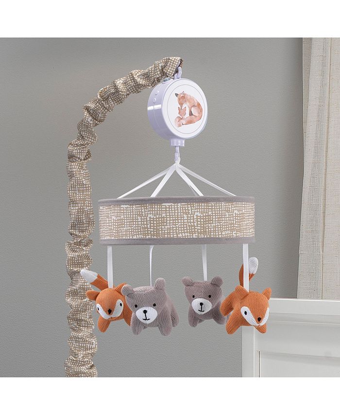 Lambs & Ivy Painted Forest Gray/Beige Fox and Bear Baby Crib Musical