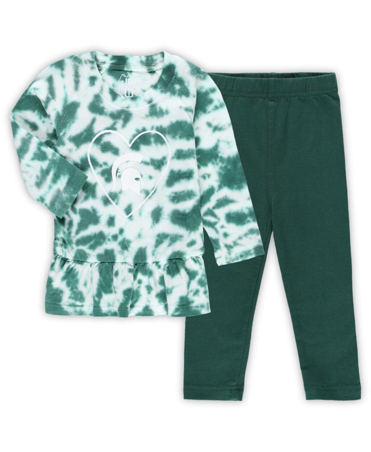 Wes & Willy Babies' Infant Girls  Green Michigan State Spartans Tie-dye Ruffle Raglan Long Sleeve T-shirt And