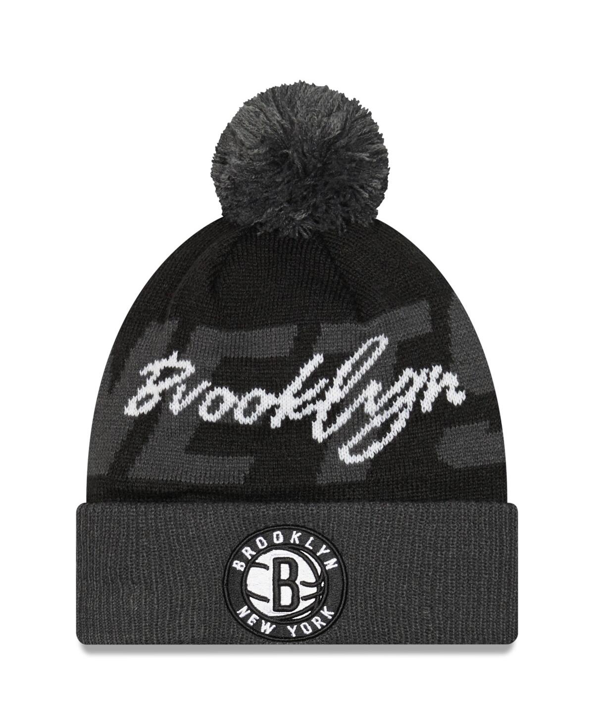 Shop New Era Men's  Black, Gray Brooklyn Nets Confident Cuffed Knit Hat With Pom In Black,gray