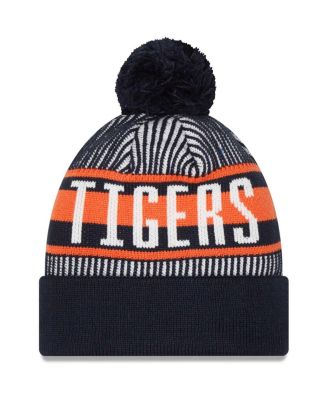 Men's Navy Detroit Tigers Striped Cuffed Knit Hat with Pom
