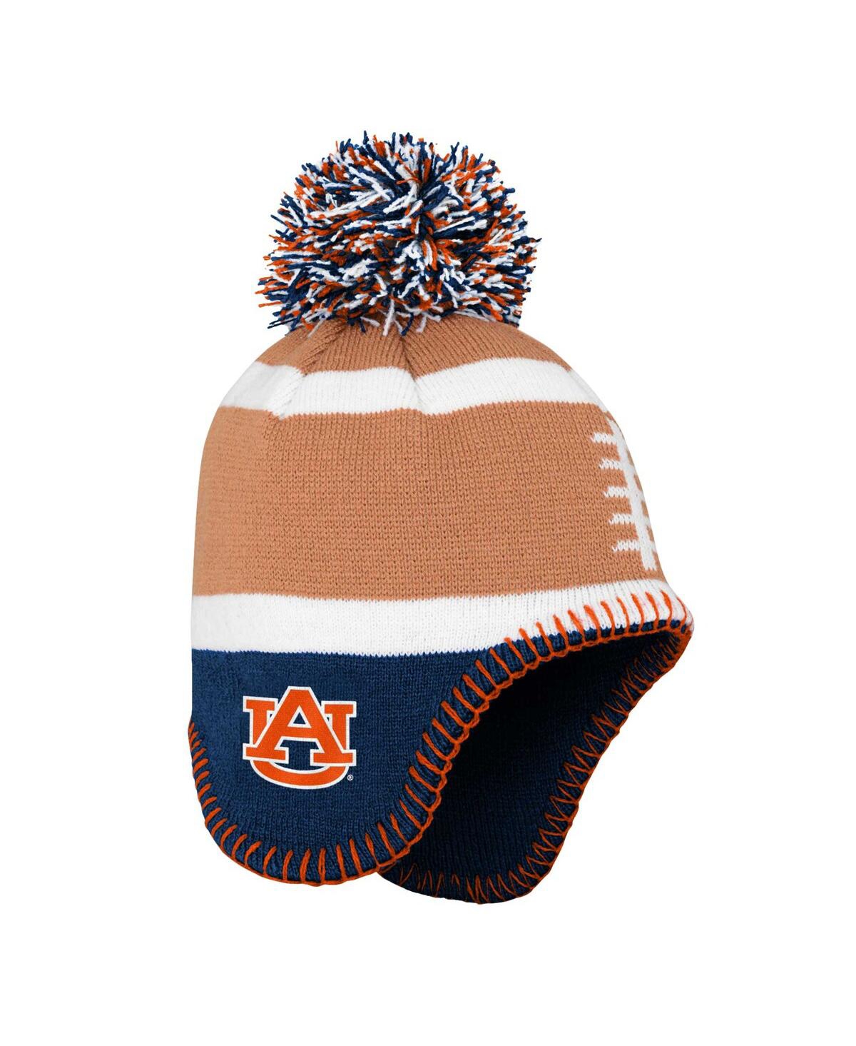 Outerstuff Babies' Little Boys And Girls Brown, Navy Auburn Tigers Football Head Knit Hat With Pom In Brown,navy